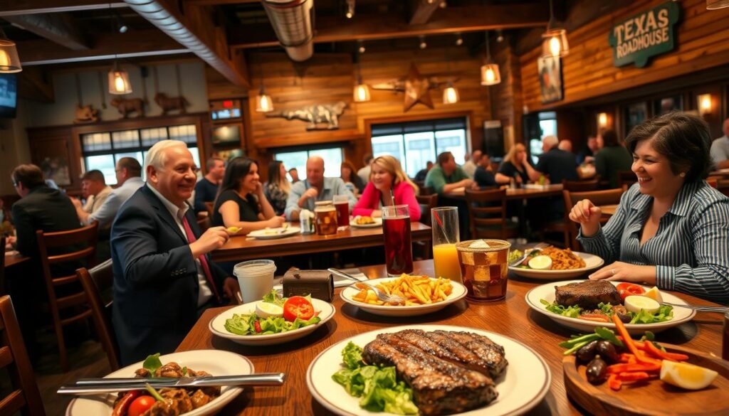 A vibrant Texas Roadhouse restaurant scene during an early dine hour. In the foreground, a wooden dining table is set with colorful dishes from the early dine menu, including steak, sides, and fresh salads. The middle section features smiling patrons enjoying their meals, dressed in smart casual attire, creating a warm and inviting atmosphere. In the background, the restaurant's rustic decor is visible, including wooden beams and western-inspired artwork. Soft, warm lighting casts a glow over the scene, evoking a cozy and welcoming mood. The angle is slightly elevated, providing a clear view of the bustling dining area filled with families and friends, emphasizing the communal dining experience characteristic of a roadhouse.