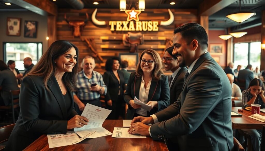 A vibrant Texas Roadhouse restaurant scene showcasing a diverse group of employees in professional business attire, smiling and engaging with each other, representing teamwork and camaraderie. The foreground features a cheerful employee explaining benefits to a new hire, with documents that highlight health insurance and retirement plans visible on a table. In the middle, a rustic wooden backdrop adorned with Texas Roadhouse decor, including the iconic saddle and bullhorns, creates an inviting atmosphere. The background captures a lively restaurant setting with diners enjoying their meals, under warm, soft lighting that enhances a sense of community and support. Use a wide-angle lens to capture the full essence of the scene, focusing on warmth and positivity, portraying a friendly work environment filled with opportunities for growth and well-being. A vibrant Texas Roadhouse restaurant scene showcasing a diverse group of employees in professional business attire, smiling and engaging with each other, representing teamwork and camaraderie. The foreground features a cheerful employee explaining benefits to a new hire, with documents that highlight health insurance and retirement plans visible on a table. In the middle, a rustic wooden backdrop adorned with Texas Roadhouse decor, including the iconic saddle and bullhorns, creates an inviting atmosphere. The background captures a lively restaurant setting with diners enjoying their meals, under warm, soft lighting that enhances a sense of community and support. Use a wide-angle lens to capture the full essence of the scene, focusing on warmth and positivity, portraying a friendly work environment filled with opportunities for growth and well-being.