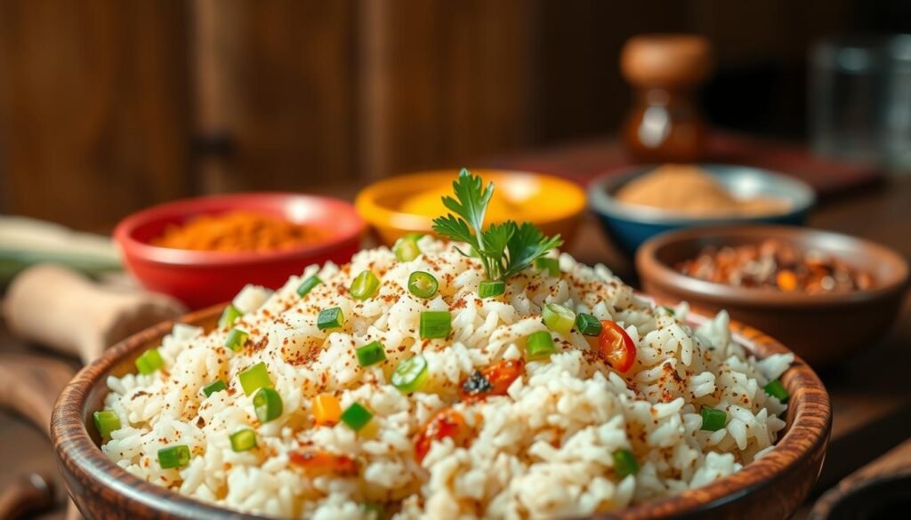 A vibrant and appetizing bowl of Texas Roadhouse seasoned rice, featuring fluffy grains seasoned with a blend of spices, sautéed bell peppers, and finely chopped herbs. In the foreground, the rice is presented in a rustic wooden bowl, garnished with green onions and a sprig of fresh parsley. The middle ground includes a sprinkling of spices in colorful bowls, enhancing the flavor profile of the dish. The background features softly blurred warm lighting, reminiscent of a cozy Texas roadhouse atmosphere, with wooden textures and rustic decor that evoke a welcoming mood. The angle captures the essence of comforting home-cooked meals, ideal for enticing food enthusiasts. The scene is vibrant and inviting, celebrating the warmth and rich flavors of Texas cuisine. A vibrant and appetizing bowl of Texas Roadhouse seasoned rice, featuring fluffy grains seasoned with a blend of spices, sautéed bell peppers, and finely chopped herbs. In the foreground, the rice is presented in a rustic wooden bowl, garnished with green onions and a sprig of fresh parsley. The middle ground includes a sprinkling of spices in colorful bowls, enhancing the flavor profile of the dish. The background features softly blurred warm lighting, reminiscent of a cozy Texas roadhouse atmosphere, with wooden textures and rustic decor that evoke a welcoming mood. The angle captures the essence of comforting home-cooked meals, ideal for enticing food enthusiasts. The scene is vibrant and inviting, celebrating the warmth and rich flavors of Texas cuisine.