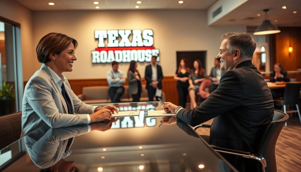 A vibrant and engaging office setting representing the hiring process at Texas Roadhouse. In the foreground, a friendly recruiter in professional business attire conducts an interview with a candidate, who is dressed in smart casual clothing, both seated at a sleek glass table. In the middle ground, several applicants await their turn in a welcoming waiting area, with a few engaged in light conversation. The background features a large Texas Roadhouse logo on a wall and decorative elements that evoke the restaurant's theme, such as wooden accents. Soft, warm lighting creates an inviting atmosphere, while a slightly blurred depth of field focuses on the interaction between the recruiter and the candidate, conveying professionalism and opportunity. The overall mood is hopeful and encouraging. A vibrant and engaging office setting representing the hiring process at Texas Roadhouse. In the foreground, a friendly recruiter in professional business attire conducts an interview with a candidate, who is dressed in smart casual clothing, both seated at a sleek glass table. In the middle ground, several applicants await their turn in a welcoming waiting area, with a few engaged in light conversation. The background features a large Texas Roadhouse logo on a wall and decorative elements that evoke the restaurant's theme, such as wooden accents. Soft, warm lighting creates an inviting atmosphere, while a slightly blurred depth of field focuses on the interaction between the recruiter and the candidate, conveying professionalism and opportunity. The overall mood is hopeful and encouraging.