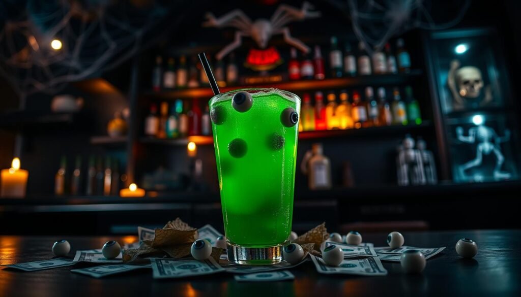A vibrant and enticing "dollar zombie cocktail" sits in the foreground, showcasing its vibrant green hue with a hint of glowing fizziness, garnished with spooky gummy candies resembling eyeballs. Surrounding the glass are scattered dollar bills, adding to the playful theme. In the middle ground, a dark, moody bar setting with dim lighting evokes a mysterious atmosphere, accented by flickering candlelight. The background features shelves stocked with colorful bottles and eerie decorations like cobwebs and skeletons, contributing to the cocktail's spooky spirit. Soft lighting and a shallow depth of field enhance the focus on the cocktail, creating an inviting yet haunting ambiance that captures the essence of a thrilling night out. The camera angle is slightly elevated, providing a dynamic perspective of this imaginative drink. A vibrant and enticing "dollar zombie cocktail" sits in the foreground, showcasing its vibrant green hue with a hint of glowing fizziness, garnished with spooky gummy candies resembling eyeballs. Surrounding the glass are scattered dollar bills, adding to the playful theme. In the middle ground, a dark, moody bar setting with dim lighting evokes a mysterious atmosphere, accented by flickering candlelight. The background features shelves stocked with colorful bottles and eerie decorations like cobwebs and skeletons, contributing to the cocktail's spooky spirit. Soft lighting and a shallow depth of field enhance the focus on the cocktail, creating an inviting yet haunting ambiance that captures the essence of a thrilling night out. The camera angle is slightly elevated, providing a dynamic perspective of this imaginative drink.