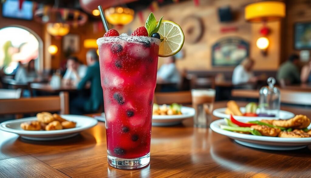 A vibrant and enticing image of a Rock Berry Rita cocktail, focusing on the drink in the foreground, featuring a frosty glass filled with a dazzling mix of red and blue hues, garnished with fresh berries and a lime wedge. The drink should be adorned with a salt rim, capturing the refreshing essence. In the middle ground, a wooden table setting complements the cocktail, with subtle hints of a lively restaurant ambiance, like blurred plates of appetizers and colorful decorations. The background softly fades into a warm, inviting Applebee's interior, filled with friendly patrons enjoying their meals. Use natural lighting to create a cozy atmosphere, shot with a shallow depth of field to draw attention to the cocktail. The mood is festive and inviting, perfect for enjoying a casual dining experience. A vibrant and enticing image of a Rock Berry Rita cocktail, focusing on the drink in the foreground, featuring a frosty glass filled with a dazzling mix of red and blue hues, garnished with fresh berries and a lime wedge. The drink should be adorned with a salt rim, capturing the refreshing essence. In the middle ground, a wooden table setting complements the cocktail, with subtle hints of a lively restaurant ambiance, like blurred plates of appetizers and colorful decorations. The background softly fades into a warm, inviting Applebee's interior, filled with friendly patrons enjoying their meals. Use natural lighting to create a cozy atmosphere, shot with a shallow depth of field to draw attention to the cocktail. The mood is festive and inviting, perfect for enjoying a casual dining experience.