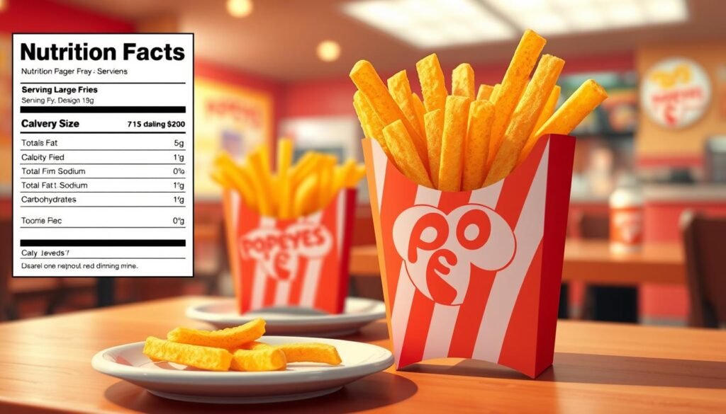 A vibrant and informative illustration of a nutrition facts label specifically designed for Popeyes Large Fries. The foreground features a detailed nutrition label with sections such as "Serving Size," "Calories," "Total Fat," "Sodium," and "Carbohydrates," each highlighted in a clear, organized layout. The middle ground includes a realistic depiction of a freshly served container of Popeyes Large Fries, golden and crispy, placed on a simple plate. The background features a soft-focus, fast-food dining setting with warm lighting that creates an inviting atmosphere. Use a slight overhead angle to emphasize the fries and the label, capturing the essence of a delightful dining experience. The overall mood should be appetizing and informative, suitable for a food article. A vibrant and informative illustration of a nutrition facts label specifically designed for Popeyes Large Fries. The foreground features a detailed nutrition label with sections such as "Serving Size," "Calories," "Total Fat," "Sodium," and "Carbohydrates," each highlighted in a clear, organized layout. The middle ground includes a realistic depiction of a freshly served container of Popeyes Large Fries, golden and crispy, placed on a simple plate. The background features a soft-focus, fast-food dining setting with warm lighting that creates an inviting atmosphere. Use a slight overhead angle to emphasize the fries and the label, capturing the essence of a delightful dining experience. The overall mood should be appetizing and informative, suitable for a food article.
