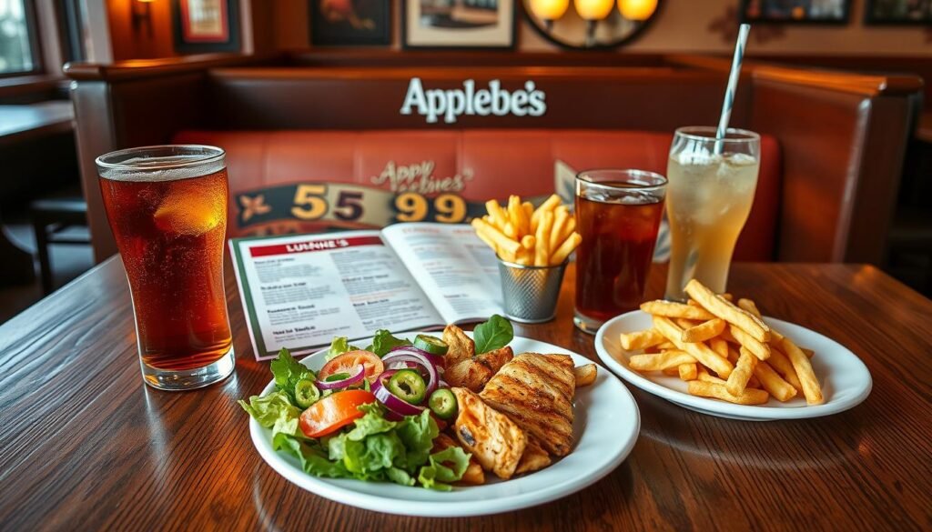 A vibrant and inviting Applebee's lunch menu displays on a wooden table, showcasing a variety of lunch combos. In the foreground, a close-up of a $5.99 lunch combo plate featuring a beautifully arranged grilled chicken salad, crispy fries, and a refreshing iced tea. Each dish is colorful and appetizing, with fresh ingredients glistening under soft, natural lighting. The middle ground includes a neatly folded menu with items highlighted, enhancing the inviting atmosphere. In the background, a cozy Applebee's dining booth with tasteful decor and warm, ambient lighting creates a relaxed environment. The overall mood is friendly and casual, perfect for a lunchtime gathering. The composition is shot from a slight overhead angle, providing a clear view of the enticing food selections, emphasizing value and appeal without any text or distractions. A vibrant and inviting Applebee's lunch menu displays on a wooden table, showcasing a variety of lunch combos. In the foreground, a close-up of a $5.99 lunch combo plate featuring a beautifully arranged grilled chicken salad, crispy fries, and a refreshing iced tea. Each dish is colorful and appetizing, with fresh ingredients glistening under soft, natural lighting. The middle ground includes a neatly folded menu with items highlighted, enhancing the inviting atmosphere. In the background, a cozy Applebee's dining booth with tasteful decor and warm, ambient lighting creates a relaxed environment. The overall mood is friendly and casual, perfect for a lunchtime gathering. The composition is shot from a slight overhead angle, providing a clear view of the enticing food selections, emphasizing value and appeal without any text or distractions.