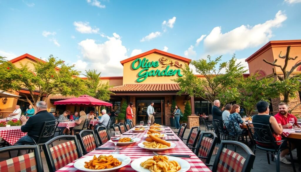 A vibrant and inviting Olive Garden restaurant location, showcasing its characteristic architecture with warm, Tuscan-inspired colors and outdoor seating. In the foreground, a neatly set dining table with red-and-white checkered tablecloths and dishes of classic Italian cuisine like pasta and breadsticks. In the middle, the Olive Garden building, featuring the iconic logo and lush greenery, surrounded by customers enjoying their meals in a lively atmosphere. The background includes a sunny sky with soft clouds, providing a cheerful ambiance. The image should embody a sense of financial health and community, with subtle hints of growth, such as trees and flowers in bloom, capturing an essence of expansion and flourishing business, shot with a wide-angle lens to encompass the lively scene. The lighting is warm and inviting, perfect for a bustling restaurant environment.