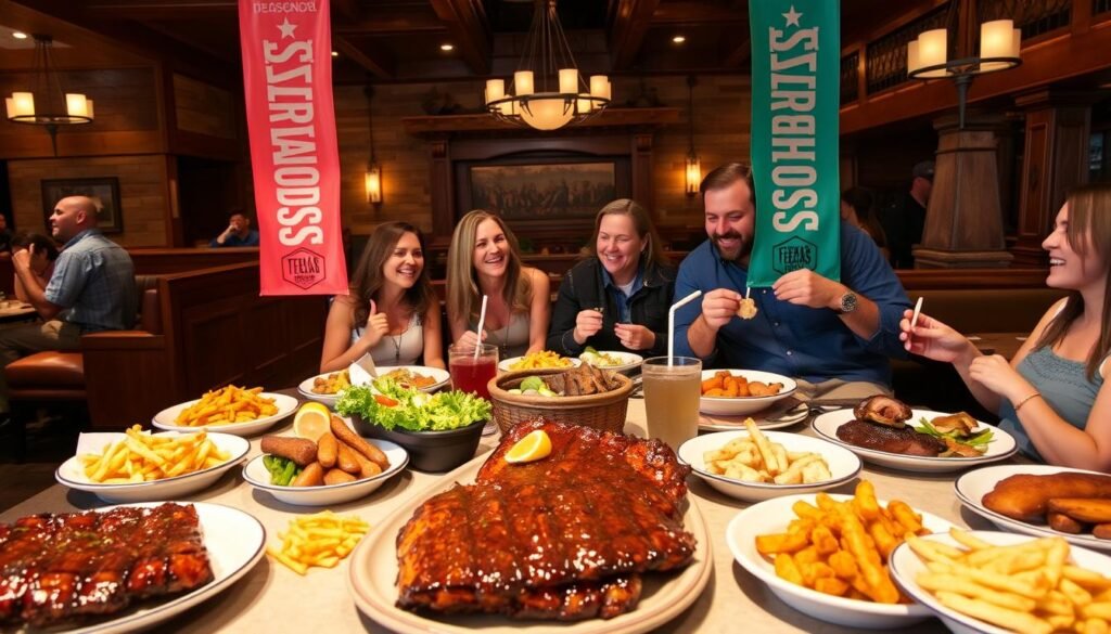 A vibrant and inviting Texas Roadhouse restaurant scene during a seasonal promotion, showcasing a beautifully arranged table with a variety of mouthwatering dishes such as ribs, steaks, and seasonal sides. In the foreground, bright and colorful promotional banners elegantly drape over the table, highlighting the seasonal event. The middle layer features excited patrons in modest casual clothing, sharing laughter and enjoying their meals together. The background illustrates the restaurant’s rustic decor, filled with wooden accents and warm lighting, creating a cozy atmosphere. The image is lit softly with a warm, inviting glow, evoking a sense of comfort and camaraderie, captured at a slight angle to showcase depth and warmth throughout the scene. A vibrant and inviting Texas Roadhouse restaurant scene during a seasonal promotion, showcasing a beautifully arranged table with a variety of mouthwatering dishes such as ribs, steaks, and seasonal sides. In the foreground, bright and colorful promotional banners elegantly drape over the table, highlighting the seasonal event. The middle layer features excited patrons in modest casual clothing, sharing laughter and enjoying their meals together. The background illustrates the restaurant’s rustic decor, filled with wooden accents and warm lighting, creating a cozy atmosphere. The image is lit softly with a warm, inviting glow, evoking a sense of comfort and camaraderie, captured at a slight angle to showcase depth and warmth throughout the scene.