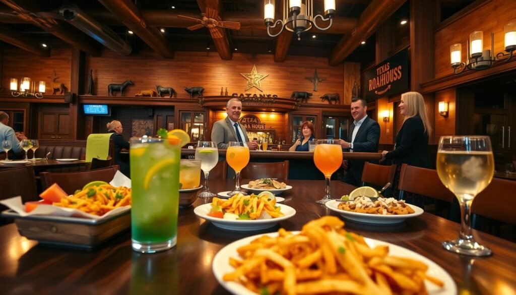 A vibrant and inviting interior scene of a Texas Roadhouse restaurant featuring a VIP club area. In the foreground, a richly decorated wooden table set with an assortment of delicious appetizers and drinks, showcasing the happy hour menu items like loaded nachos and refreshing cocktails. In the middle ground, members of the VIP club, dressed in smart casual attire, are engaging in friendly conversation, their smiles reflecting a sense of community and enjoyment. The background displays rustic Texas-themed decor, with warm, ambient lighting casting a cozy glow throughout the space. The perspective is from a low angle to emphasize the inviting atmosphere and create a perspective that draws the viewer in, evoking a sense of camaraderie and celebration associated with happy hour at Texas Roadhouse. A vibrant and inviting interior scene of a Texas Roadhouse restaurant featuring a VIP club area. In the foreground, a richly decorated wooden table set with an assortment of delicious appetizers and drinks, showcasing the happy hour menu items like loaded nachos and refreshing cocktails. In the middle ground, members of the VIP club, dressed in smart casual attire, are engaging in friendly conversation, their smiles reflecting a sense of community and enjoyment. The background displays rustic Texas-themed decor, with warm, ambient lighting casting a cozy glow throughout the space. The perspective is from a low angle to emphasize the inviting atmosphere and create a perspective that draws the viewer in, evoking a sense of camaraderie and celebration associated with happy hour at Texas Roadhouse.