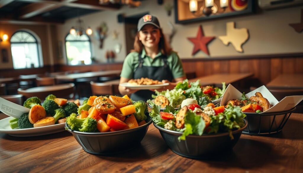 A vibrant and inviting restaurant scene featuring an array of side dishes and vegetable options typical of a Texas Roadhouse gluten-free menu. In the foreground, a rustic wooden table displays colorful dishes like fresh green broccoli, roasted sweet potatoes, and a garden salad, all beautifully arranged. In the middle ground, a friendly server in casual attire presents the sides with a warm smile, emphasizing the welcoming atmosphere. The background captures a cozy dining area with warm lighting and Texas-themed decor, enhancing the inviting mood. The lighting is soft and natural, creating a comforting ambiance, while the angle shows a slight overhead view to capture the details of the food and setting effectively.