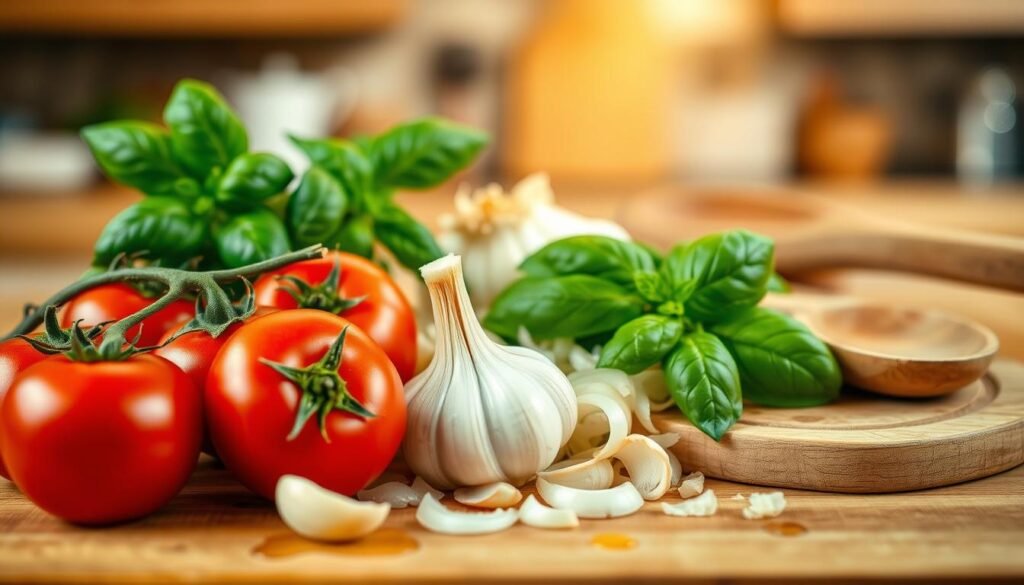 A vibrant and inviting scene featuring essential ingredients for marinara sauce. In the foreground, fresh tomatoes with varying shades of red, a bulb of garlic with peeled cloves scattered nearby, and fragrant basil leaves arranged artfully. The middle layer includes chopped onions and a drizzle of olive oil, with a wooden spoon resting beside a rustic chopping board. The background showcases a blurred kitchen countertop, hinting at an Italian cooking atmosphere, illuminated by soft, warm lighting to evoke a cozy feel. Use a shallow depth of field to emphasize the fresh ingredients, creating a mouthwatering allure that highlights their use in a classic spaghetti and meatballs dish. The overall mood is warm, inviting, and appetizing. A vibrant and inviting scene featuring essential ingredients for marinara sauce. In the foreground, fresh tomatoes with varying shades of red, a bulb of garlic with peeled cloves scattered nearby, and fragrant basil leaves arranged artfully. The middle layer includes chopped onions and a drizzle of olive oil, with a wooden spoon resting beside a rustic chopping board. The background showcases a blurred kitchen countertop, hinting at an Italian cooking atmosphere, illuminated by soft, warm lighting to evoke a cozy feel. Use a shallow depth of field to emphasize the fresh ingredients, creating a mouthwatering allure that highlights their use in a classic spaghetti and meatballs dish. The overall mood is warm, inviting, and appetizing.