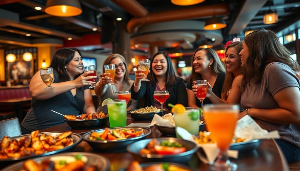 A vibrant and inviting scene inside a Chili's restaurant showcasing happy rewards members enjoying their dining experience. In the foreground, a table set with appetizing Chili's dishes, such as sizzling fajitas and colorful cocktails, creates an inviting atmosphere. In the middle ground, diverse individuals in modest casual clothing, including a mix of genders and ethnicities, gather and chat excitedly, raising their drinks in a toast. The background features the restaurant’s signature décor, with warm lighting illuminating the cozy setting. The image captures a lively yet relaxed ambiance, with a focus on genuine connection and celebration among friends enjoying their casual dining perks. The angle is slightly elevated to showcase the dining area and the joy on their faces, evoking a sense of community and happiness.
