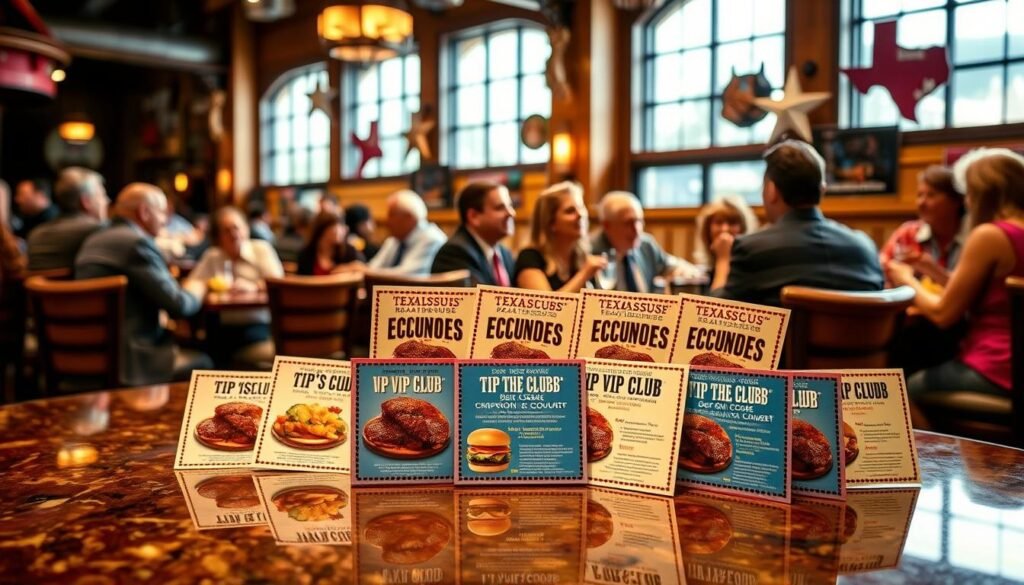 A vibrant and inviting scene inside a Texas Roadhouse, showcasing an enticing display of exclusive coupons for the VIP Club. In the foreground, a glossy table features a colorful array of coupons, each distinctively designed with lively steak and side dish graphics, appealing to diners' appetites. The middle ground reveals well-dressed patrons enjoying a hearty meal, exchanging cheerful conversations, embodying a sense of community and excitement. The background captures the warm wooden decor of the restaurant, accented with lively Texas-themed memorabilia. Soft, warm lighting creates a cozy atmosphere, with sunlight filtering through large windows, enhancing the inviting mood. A shallow depth of field focuses on the coupons, ensuring they stand out prominently while still conveying the bustling restaurant environment.