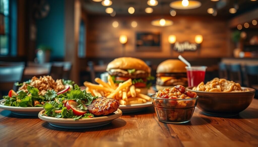 A vibrant and inviting scene showcasing a variety of Applebee's lunch specials and combo deals. In the foreground, display an array of beautifully plated dishes including a crispy chicken salad with vibrant greens, a hearty burger with golden fries, and a steaming bowl of pasta. The middle ground features a rustic wooden table set for a casual dining experience, emphasizing the comfort of a lunch break. In the background, softly blurred, capture the warm ambiance of an Applebee's restaurant with cozy lighting and wooden accents. Use a soft focus effect to make the food the focal point while maintaining a welcoming and appetizing atmosphere. The lighting should be warm and inviting, mimicking natural daylight to enhance the colors of the food, creating a mouth-watering scene that highlights value-driven lunch options. A vibrant and inviting scene showcasing a variety of Applebee's lunch specials and combo deals. In the foreground, display an array of beautifully plated dishes including a crispy chicken salad with vibrant greens, a hearty burger with golden fries, and a steaming bowl of pasta. The middle ground features a rustic wooden table set for a casual dining experience, emphasizing the comfort of a lunch break. In the background, softly blurred, capture the warm ambiance of an Applebee's restaurant with cozy lighting and wooden accents. Use a soft focus effect to make the food the focal point while maintaining a welcoming and appetizing atmosphere. The lighting should be warm and inviting, mimicking natural daylight to enhance the colors of the food, creating a mouth-watering scene that highlights value-driven lunch options.
