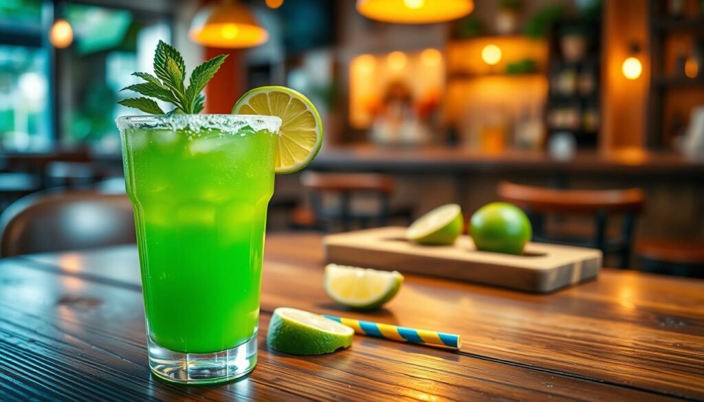 A vibrant and refreshing margarita sits prominently in the foreground, encased in a classic glass with a salted rim. The drink is a bright green color, garnished with a slice of lime and a sprig of mint, showcasing the inviting freshness of the Dollarita cocktail. In the middle ground, a rustic wooden table is adorned with lime wedges and a colorful paper straw. The background is softly blurred, featuring an inviting bar environment with warm lighting that creates a cozy atmosphere, enhancing the allure of the drink. The scene is captured from a slightly overhead angle, utilizing natural light that highlights the drink's textures and colors. The overall mood is lively and refreshing, perfect for illustrating a casual yet enjoyable dining experience. A vibrant and refreshing margarita sits prominently in the foreground, encased in a classic glass with a salted rim. The drink is a bright green color, garnished with a slice of lime and a sprig of mint, showcasing the inviting freshness of the Dollarita cocktail. In the middle ground, a rustic wooden table is adorned with lime wedges and a colorful paper straw. The background is softly blurred, featuring an inviting bar environment with warm lighting that creates a cozy atmosphere, enhancing the allure of the drink. The scene is captured from a slightly overhead angle, utilizing natural light that highlights the drink's textures and colors. The overall mood is lively and refreshing, perfect for illustrating a casual yet enjoyable dining experience.
