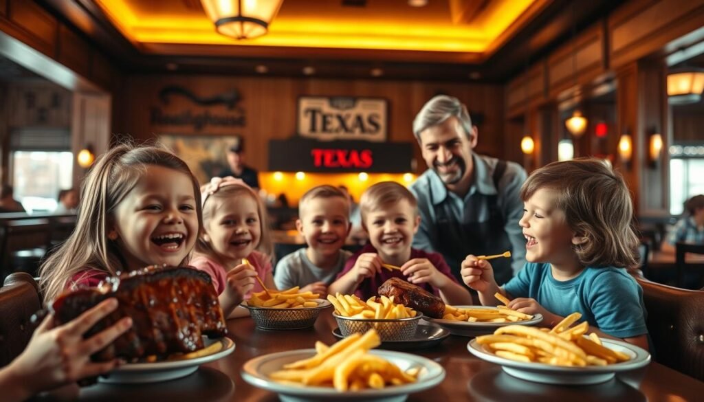 A vibrant and welcoming restaurant scene featuring a family enjoying a meal at Texas Roadhouse. In the foreground, a group of children, aged 5 to 10, smile and laugh while eating complimentary food items like ribs and fries, showcasing their excitement. The middle ground includes a friendly waiter in casual attire serving the family, emphasizing a relaxed dining atmosphere. The background should depict the warm, rustic interior of Texas Roadhouse with wooden decor and glowing amber lights. Use soft, warm lighting to create an inviting mood, capturing the essence of family dining. The camera angle should focus on the children and the food, highlighting the joy of the "Kids Eat Free" offer without any text or distractions. A vibrant and welcoming restaurant scene featuring a family enjoying a meal at Texas Roadhouse. In the foreground, a group of children, aged 5 to 10, smile and laugh while eating complimentary food items like ribs and fries, showcasing their excitement. The middle ground includes a friendly waiter in casual attire serving the family, emphasizing a relaxed dining atmosphere. The background should depict the warm, rustic interior of Texas Roadhouse with wooden decor and glowing amber lights. Use soft, warm lighting to create an inviting mood, capturing the essence of family dining. The camera angle should focus on the children and the food, highlighting the joy of the "Kids Eat Free" offer without any text or distractions.
