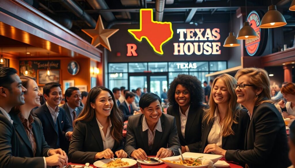 A vibrant and welcoming scene at a Texas Roadhouse, showcasing the benefits of joining the team. In the foreground, a diverse group of smiling employees in professional business attire, engaging with one another, exuding camaraderie and teamwork. The middle ground features a cozy dining area with warm wooden furnishings, Texas-themed decor, and fragrant dishes being served, highlighting a friendly work environment. In the background, the iconic Texas Roadhouse sign and lively atmosphere suggest a bustling restaurant filled with happy customers. Soft, warm lighting bathes the entire scene, creating an inviting and uplifting mood, captured with a slightly elevated angle for a dynamic perspective. The overall atmosphere conveys a sense of community, positivity, and professional growth.
