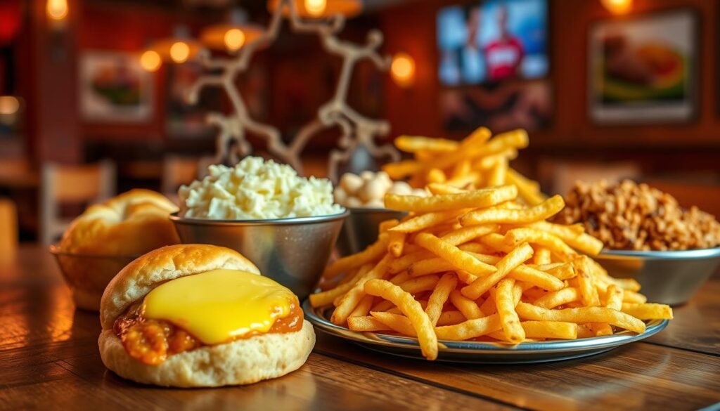 A vibrant, appetizing arrangement of Popeyes side dishes displayed elegantly on a rustic wooden table. In the foreground, a golden brown biscuit with melting butter, a creamy coleslaw in a stylish bowl, and crispy, golden fries piled high are prominently featured. In the middle, small portions of mashed potatoes with gravy and spicy Cajun rice complement the scene. The background features blurred out images of a restaurant interior, with warm, inviting lighting creating a cozy atmosphere. A close-up angle captures the textures of the food, highlighting the steam rising from the dishes. The mood is cheerful and inviting, encouraging viewers to indulge in the flavors while contemplating their calorie choices.