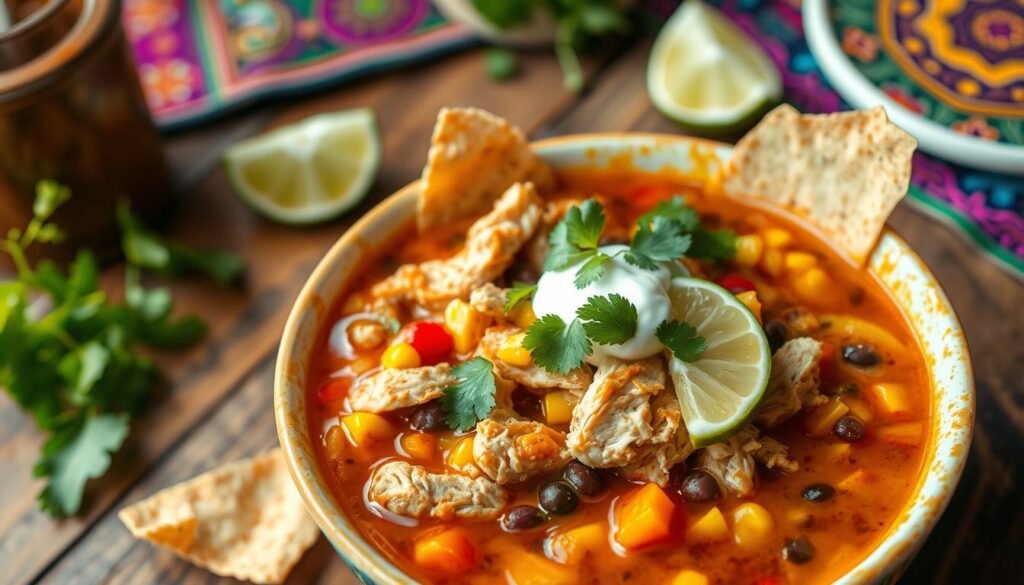A vibrant bowl of chicken tortilla soup, filled with chunks of tender chicken, colorful bell peppers, corn, and black beans, topped with fresh cilantro and crispy tortilla strips. In the foreground, the soup is beautifully garnished with a slice of lime and a dollop of sour cream, emphasizing the fresh ingredients. The background features a rustic wooden table, set with vibrant, colorful textiles that evoke a warm, homey atmosphere. Soft, natural lighting highlights the textures of the ingredients, creating a cozy and inviting mood. The angle is slightly above the bowl, showcasing the soup's rich colors and textures while maintaining focus on the essential ingredients for a homemade experience.