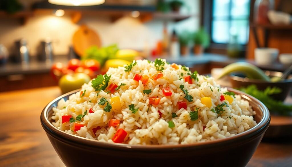 A vibrant bowl of roadhouse seasoned rice, featuring fluffy grains speckled with bright bell peppers, onions, and parsley, arranged artfully in the foreground. The rice glistens with a light sheen, indicating perfect moisture and seasoning. Surrounding the bowl, a rustic wooden table adds warmth to the scene, while in the background, a softly lit kitchen counter showcases additional ingredients like fresh herbs, spices, and a hint of other Texas Roadhouse staples. The lighting is warm and inviting, radiating from an overhead pendant, emphasizing the rich textures and colors of the dish. The composition captures the essence of comfort food, evoking a homely atmosphere that appeals to the senses and signifies authentic southern dining. A vibrant bowl of roadhouse seasoned rice, featuring fluffy grains speckled with bright bell peppers, onions, and parsley, arranged artfully in the foreground. The rice glistens with a light sheen, indicating perfect moisture and seasoning. Surrounding the bowl, a rustic wooden table adds warmth to the scene, while in the background, a softly lit kitchen counter showcases additional ingredients like fresh herbs, spices, and a hint of other Texas Roadhouse staples. The lighting is warm and inviting, radiating from an overhead pendant, emphasizing the rich textures and colors of the dish. The composition captures the essence of comfort food, evoking a homely atmosphere that appeals to the senses and signifies authentic southern dining.