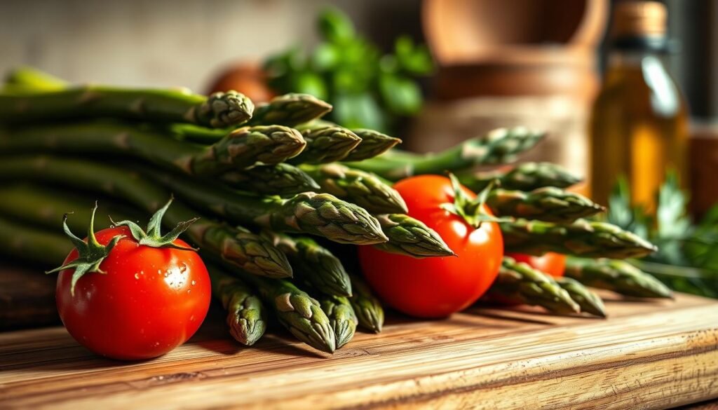 A vibrant, close-up composition of fresh asparagus and ripe tomatoes, elegantly arranged on a rustic wooden cutting board. The asparagus is a deep green with a slight sheen, showcasing its crisp texture, while the tomatoes are a rich red with water droplets glistening on their surface, indicating freshness. Soft natural light filters in from the side, casting gentle shadows and highlighting the colors and details of the vegetables. In the background, a blurred, warm kitchen setting enhances the home-cooked feel, with hints of olive oil and herbs visible, suggesting an authentic Mediterranean atmosphere. The overall mood is inviting and fresh, perfect for evoking a sense of healthy cooking.
