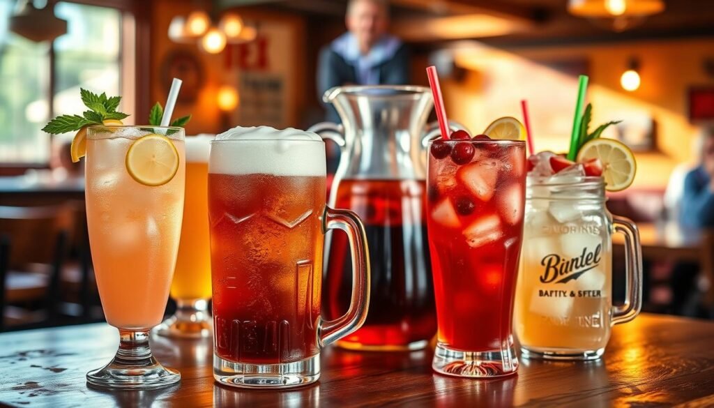 A vibrant display of refreshing non-alcoholic beverages, exquisitely arranged on a rustic wooden table, reminiscent of a lively Texas Roadhouse setting. In the foreground, a variety of colorful drinks: a tall glass of iced lemonade garnished with fresh lemon slices and a sprig of mint, a frosty mug of root beer topped with foamy cream, and a sparkling fruit punch in a mason jar filled with ice and fresh berries. In the middle ground, a pitcher filled with iced tea, surrounded by additional drink glasses. The background features a softly blurred restaurant interior, with warm lighting creating a welcoming atmosphere. The scene captures a joyful, relaxed vibe perfect for summer gatherings, with sunlight filtering through the windows, casting gentle reflections on the table.