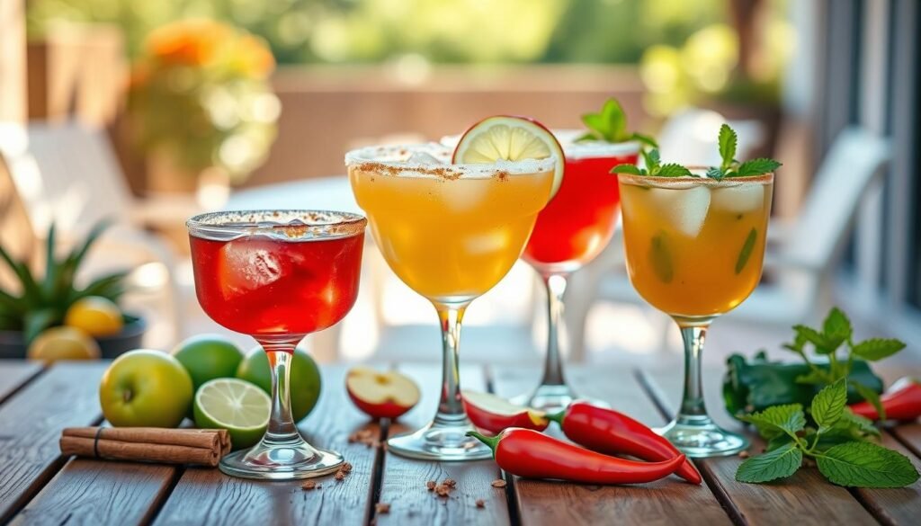 A vibrant display of seasonal margarita flavors arranged artistically on a wooden table. In the foreground, focus on three colorful margarita glasses, each filled with vibrant drinks: one bright red with a cinnamon rim, one golden with a fresh apple slice garnish, and one green with vibrant mint leaves. The middle ground features fresh ingredients like limes, apples, and chili peppers scattered for a pop of color. The background softly blurs revealing a sunny patio setting, enhancing the refreshing and festive atmosphere. Incorporate warm, natural lighting to create an inviting mood, using a shallow depth of field to emphasize the margaritas in the foreground. Overall, aim for a cheerful and relaxed vibe, suggestive of a perfect seasonal cocktail moment. A vibrant display of seasonal margarita flavors arranged artistically on a wooden table. In the foreground, focus on three colorful margarita glasses, each filled with vibrant drinks: one bright red with a cinnamon rim, one golden with a fresh apple slice garnish, and one green with vibrant mint leaves. The middle ground features fresh ingredients like limes, apples, and chili peppers scattered for a pop of color. The background softly blurs revealing a sunny patio setting, enhancing the refreshing and festive atmosphere. Incorporate warm, natural lighting to create an inviting mood, using a shallow depth of field to emphasize the margaritas in the foreground. Overall, aim for a cheerful and relaxed vibe, suggestive of a perfect seasonal cocktail moment.