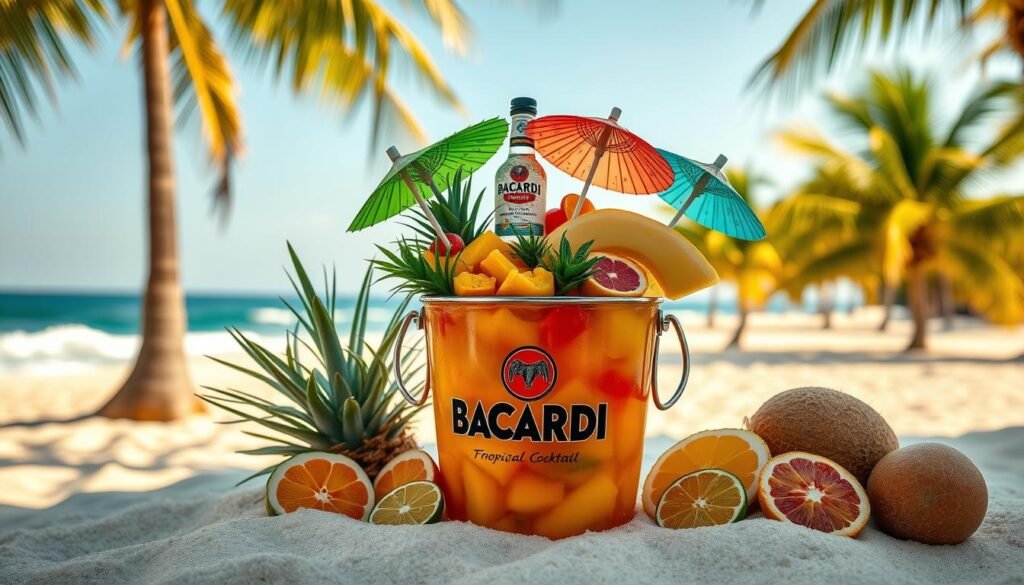 A vibrant display of tropical flavors featuring a refreshing Bacardi bucket cocktail at the forefront, overflowing with intricate layers of exotic fruits like pineapple, mango, and coconut. Surround the bucket with colorful cocktail umbrellas, and slices of fresh citrus, arranged artfully to draw the eye. In the middle, a lush beach setting includes palm trees and fine white sand, softly illuminated by warm golden sunlight, giving a sense of relaxation. In the background, the ocean waves gently lap at the shore, creating a serene atmosphere. Capture the essence of a summer paradise with a slight depth of field, focusing on the cocktail while softly blurring the background, evoking a mood of refreshment and delight. A vibrant display of tropical flavors featuring a refreshing Bacardi bucket cocktail at the forefront, overflowing with intricate layers of exotic fruits like pineapple, mango, and coconut. Surround the bucket with colorful cocktail umbrellas, and slices of fresh citrus, arranged artfully to draw the eye. In the middle, a lush beach setting includes palm trees and fine white sand, softly illuminated by warm golden sunlight, giving a sense of relaxation. In the background, the ocean waves gently lap at the shore, creating a serene atmosphere. Capture the essence of a summer paradise with a slight depth of field, focusing on the cocktail while softly blurring the background, evoking a mood of refreshment and delight.