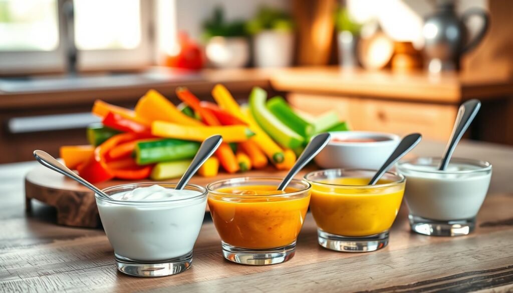 A vibrant, enticing arrangement of various keto-friendly sauces ideal for a low-carb meal. In the foreground, showcase small glass bowls filled with creamy ranch, zesty garlic aioli, and spicy mustard, each with a spoon elegantly placed beside them. The middle ground features a wooden platter with colorful low-carb vegetables such as bell peppers, cucumbers, and celery sticks, artfully arranged for dipping. In the background, a rustic kitchen scene is softly illuminated by warm, natural light, creating an inviting atmosphere. Use a shallow depth of field to keep the focus on the sauces and vegetables, while subtly blurring the kitchen details. This composition should evoke a sense of culinary creativity, emphasizing a healthy keto lifestyle.