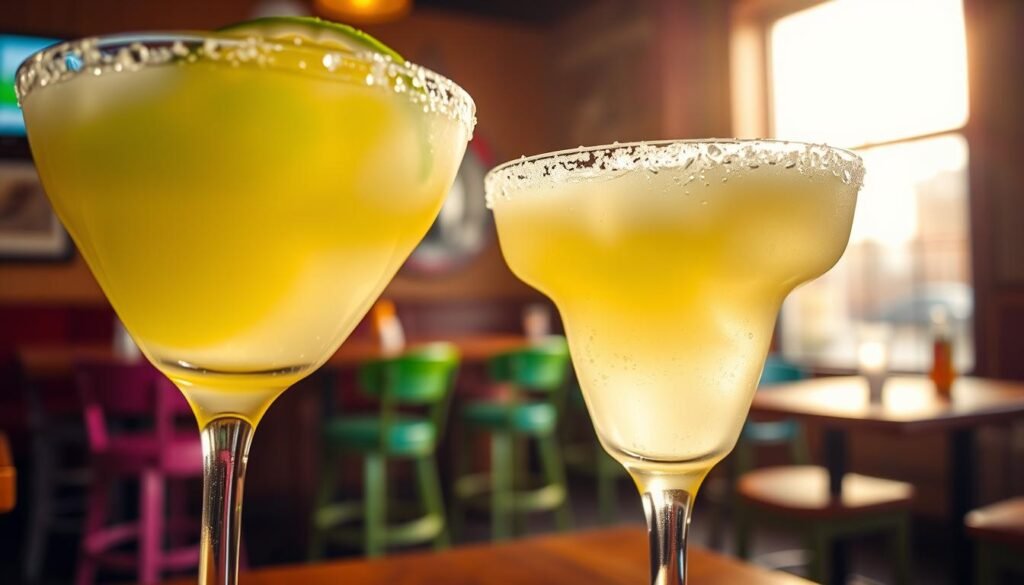 A vibrant, enticing scene featuring a close-up of a refreshing Applebee's Dollarita cocktail in a classic margarita glass. The foreground showcases the drink, filled with a bright green lime and a salted rim, droplets of condensation glistening in the light. In the middle layer, a small inviting bar setting is visible, with soft lighting casting a warm glow on wooden surfaces and colorful bar stools. The background offers a relaxed restaurant atmosphere, softly blurred to maintain focus on the cocktail. Golden hour sunlight spills in through a nearby window, enhancing the mood of a cheerful, casual dining experience. Overall, the image conveys a festive and inviting ambiance, perfect for showcasing the $1 margarita promotion at Applebee's. A vibrant, enticing scene featuring a close-up of a refreshing Applebee's Dollarita cocktail in a classic margarita glass. The foreground showcases the drink, filled with a bright green lime and a salted rim, droplets of condensation glistening in the light. In the middle layer, a small inviting bar setting is visible, with soft lighting casting a warm glow on wooden surfaces and colorful bar stools. The background offers a relaxed restaurant atmosphere, softly blurred to maintain focus on the cocktail. Golden hour sunlight spills in through a nearby window, enhancing the mood of a cheerful, casual dining experience. Overall, the image conveys a festive and inviting ambiance, perfect for showcasing the $1 margarita promotion at Applebee's.