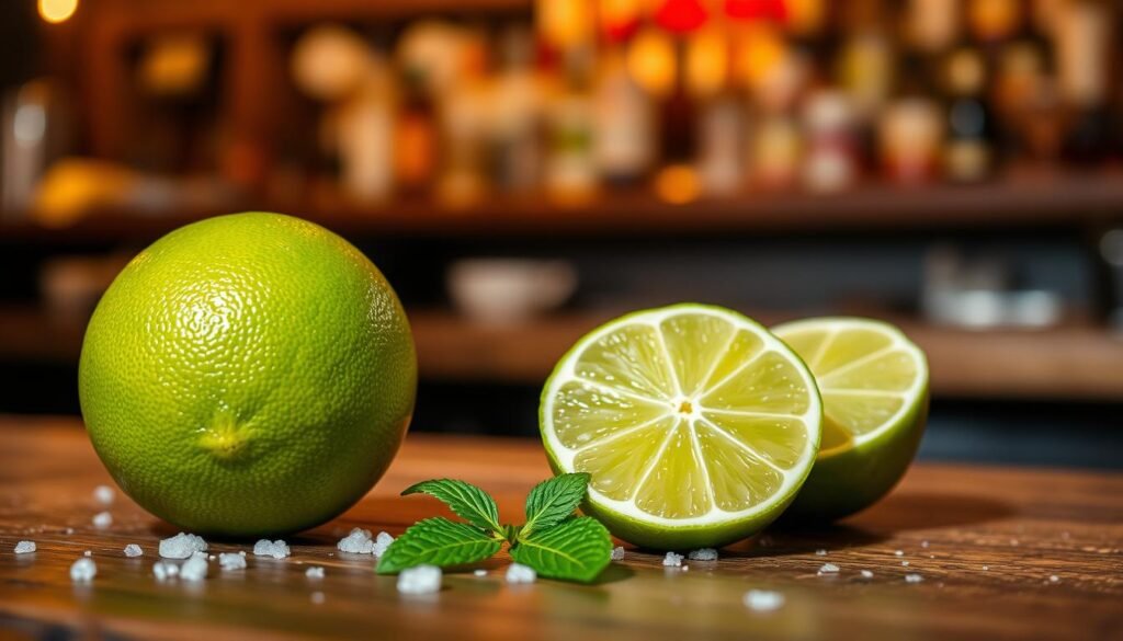 A vibrant, fresh lime sitting elegantly on a rustic wooden table, with a cut lime beside it, the bright green flesh glistening in the light. In the foreground, focus on the texture and color of the limes, showcasing their dimpled skin and juicy interior. In the middle ground, arrange a few scattered coarse sea salt crystals and a sprig of fresh mint to enhance the scene’s freshness. The background features a soft-focus, blurred bar setting with warm ambient lighting that suggests a cozy and inviting atmosphere, reminiscent of a Texas Roadhouse. Use a shallow depth of field to emphasize the limes while softly blurring the background, creating a warm, inviting mood perfect for cocktail preparation. A vibrant, fresh lime sitting elegantly on a rustic wooden table, with a cut lime beside it, the bright green flesh glistening in the light. In the foreground, focus on the texture and color of the limes, showcasing their dimpled skin and juicy interior. In the middle ground, arrange a few scattered coarse sea salt crystals and a sprig of fresh mint to enhance the scene’s freshness. The background features a soft-focus, blurred bar setting with warm ambient lighting that suggests a cozy and inviting atmosphere, reminiscent of a Texas Roadhouse. Use a shallow depth of field to emphasize the limes while softly blurring the background, creating a warm, inviting mood perfect for cocktail preparation.