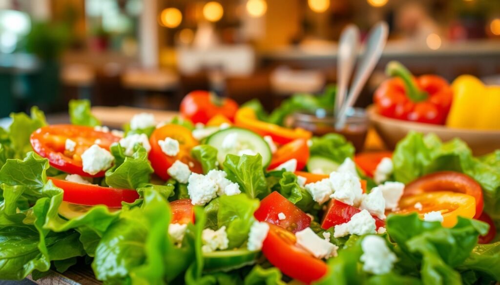 A vibrant, freshly prepared salad featuring a variety of organic ingredients. In the foreground, lush green romaine lettuce leaves are adorned with slices of bright red tomatoes, crisp cucumbers, and colorful bell peppers. Add a sprinkle of crumbled feta cheese and a drizzle of light olive oil for a glistening effect. In the middle layer, a wooden chopping board rests beside a small bowl filled with balsamic vinaigrette, emphasizing the freshness of the meal. The background showcases a softly blurred dining setting, with warm, ambient lighting that evokes a welcoming atmosphere, hinting at an inviting restaurant environment. The image conveys a feeling of healthiness and vitality, perfect for illustrating the experience of freshly prepared meals.