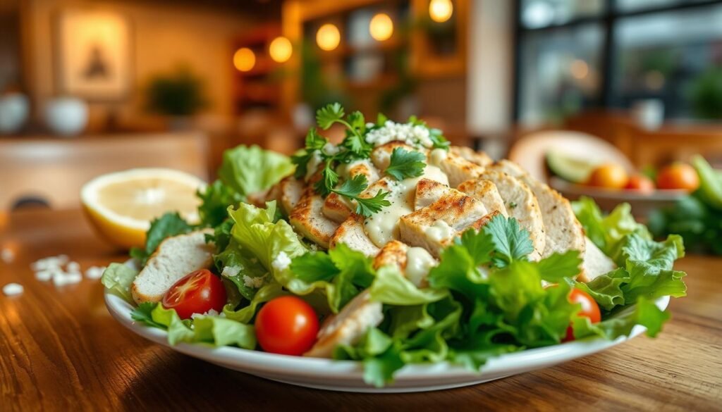 A vibrant grilled chicken Caesar salad beautifully presented on a wooden table. In the foreground, there’s a plate overflowing with crisp romaine lettuce, topped with juicy, perfectly grilled chicken breast slices, garnished with aromatic parsley. A generous drizzle of creamy Caesar dressing coats the salad, and scattered grated Parmesan cheese adds a touch of elegance. In the middle ground, slices of fresh lemon and cherry tomatoes enhance the visual appeal with their vibrant colors. The background softly blurs, showcasing a cozy indoor restaurant setting with warm, natural lighting filtering through. The atmosphere is inviting and health-conscious, perfect for illustrating a nutritious meal option. The angle should capture the dish from slightly above, emphasizing its textures and colors while maintaining a clean, clutter-free composition. A vibrant grilled chicken Caesar salad beautifully presented on a wooden table. In the foreground, there’s a plate overflowing with crisp romaine lettuce, topped with juicy, perfectly grilled chicken breast slices, garnished with aromatic parsley. A generous drizzle of creamy Caesar dressing coats the salad, and scattered grated Parmesan cheese adds a touch of elegance. In the middle ground, slices of fresh lemon and cherry tomatoes enhance the visual appeal with their vibrant colors. The background softly blurs, showcasing a cozy indoor restaurant setting with warm, natural lighting filtering through. The atmosphere is inviting and health-conscious, perfect for illustrating a nutritious meal option. The angle should capture the dish from slightly above, emphasizing its textures and colors while maintaining a clean, clutter-free composition.