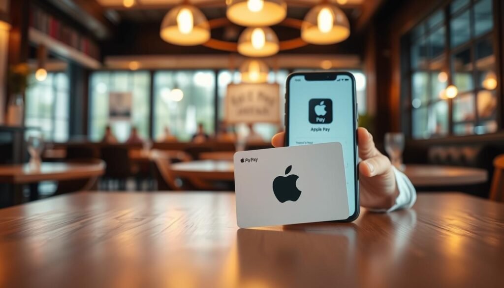 A vibrant, high-resolution image of an Apple Pay gift card prominently displayed in the foreground, featuring a sleek design with the Apple logo. The card should be shown resting on a smooth wooden table with a cozy restaurant ambiance in the background, softly blurred to emphasize the card. A warm, inviting atmosphere is created by the golden glow of pendant lighting above, reflecting off the table’s surface. In the middle ground, a smartphone displaying the Apple Pay interface is partially visible, indicating a mobile payment action. The angle should be slightly top-down, giving depth and clarity to the cards and devices. The overall mood should convey convenience and modern technology, ideal for showcasing mobile payment options in a dining setting.