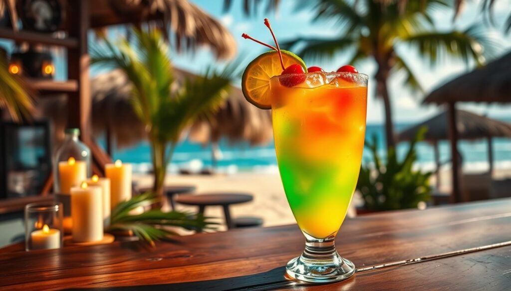 A vibrant hurricane margarita cocktail, placed prominently in the foreground, with a colorful gradient of bright orange and neon green swirling within the glass. The drink is garnished with a slice of fresh lime and a few vibrant maraschino cherries, with ice cubes glistening under soft, warm lighting. In the middle ground, there's a rustic wooden bar setting with tropical-themed decor, including palm leaves and flickering candles. The background features a softly blurred view of a sunlit beach, enhancing the tropical vibe, dotted with soft waves and a clear blue sky. The atmosphere conveys a relaxed and inviting tropical paradise, ideal for enjoying a refreshing drink. Use a wide-angle lens perspective to convey depth. A vibrant hurricane margarita cocktail, placed prominently in the foreground, with a colorful gradient of bright orange and neon green swirling within the glass. The drink is garnished with a slice of fresh lime and a few vibrant maraschino cherries, with ice cubes glistening under soft, warm lighting. In the middle ground, there's a rustic wooden bar setting with tropical-themed decor, including palm leaves and flickering candles. The background features a softly blurred view of a sunlit beach, enhancing the tropical vibe, dotted with soft waves and a clear blue sky. The atmosphere conveys a relaxed and inviting tropical paradise, ideal for enjoying a refreshing drink. Use a wide-angle lens perspective to convey depth.