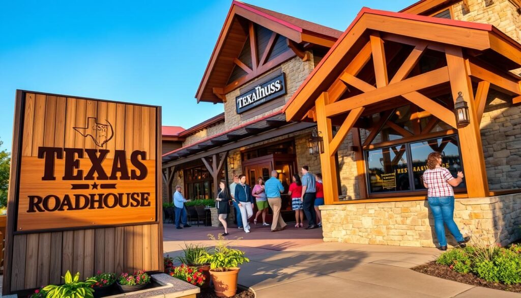 A vibrant, inviting exterior of Texas Roadhouse in Ephrata, PA, showcasing its signature rustic charm. In the foreground, a wooden sign with the Texas Roadhouse logo, surrounded by potted plants and a well-kept patio with outdoor seating. The middle section features the restaurant's entrance, adorned with warm lighting reflecting a welcoming glow, with patrons (dressed in smart casual clothing) entering the restaurant, creating a lively atmosphere. In the background, the iconic architecture with stone and wood accents, framed under a clear blue sky. The scene is bathed in soft, warm afternoon sunlight, enhancing the inviting and lively ambiance, perfect for families and friends gathering for a meal. A vibrant, inviting exterior of Texas Roadhouse in Ephrata, PA, showcasing its signature rustic charm. In the foreground, a wooden sign with the Texas Roadhouse logo, surrounded by potted plants and a well-kept patio with outdoor seating. The middle section features the restaurant's entrance, adorned with warm lighting reflecting a welcoming glow, with patrons (dressed in smart casual clothing) entering the restaurant, creating a lively atmosphere. In the background, the iconic architecture with stone and wood accents, framed under a clear blue sky. The scene is bathed in soft, warm afternoon sunlight, enhancing the inviting and lively ambiance, perfect for families and friends gathering for a meal.