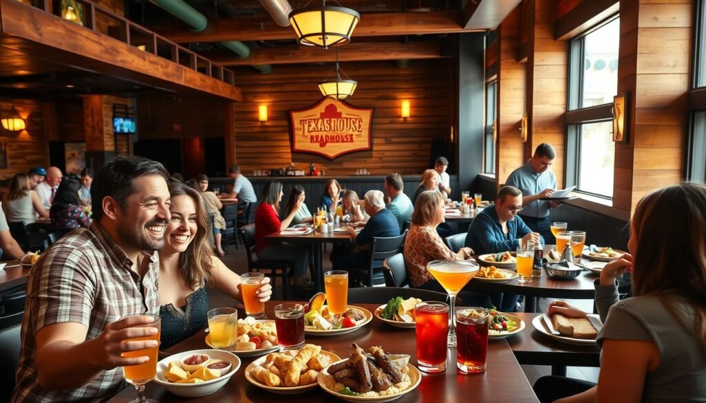 A vibrant, inviting interior of a Texas Roadhouse restaurant, showcasing a diverse group of customers at tables, each engaging with their unique Happy Hour selections. In the foreground, a couple happily sharing a platter of appetizers, with colorful drinks beside them. The middle layer features various tables with different arrangements of food and drinks, illustrating the variety in menu offerings across locations. The background reveals rustic wooden decor, soft lighting creating a warm atmosphere, and a glimpse of a friendly server delivering a tray of drinks. The image should evoke a sense of community and the enjoyment of shared dining experiences. The angle is slightly elevated, capturing the bustling ambiance while ensuring the focus is on the food and its presentation. A vibrant, inviting interior of a Texas Roadhouse restaurant, showcasing a diverse group of customers at tables, each engaging with their unique Happy Hour selections. In the foreground, a couple happily sharing a platter of appetizers, with colorful drinks beside them. The middle layer features various tables with different arrangements of food and drinks, illustrating the variety in menu offerings across locations. The background reveals rustic wooden decor, soft lighting creating a warm atmosphere, and a glimpse of a friendly server delivering a tray of drinks. The image should evoke a sense of community and the enjoyment of shared dining experiences. The angle is slightly elevated, capturing the bustling ambiance while ensuring the focus is on the food and its presentation.