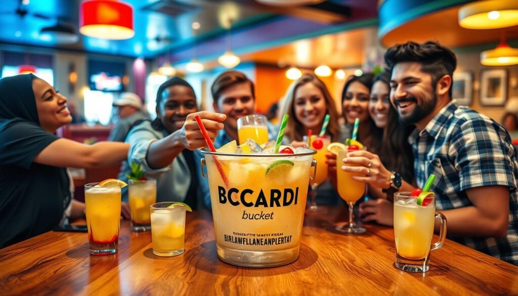 A vibrant, inviting scene capturing a group of diverse friends enjoying a Bacardi bucket at Applebee's, showcasing the colorful cocktails filled with fruits like pineapple, lime, and cherries. In the foreground, a wooden table laden with the iconic Bacardi bucket, glistening with condensation, and garnished with fresh fruit slices. In the middle ground, smiling guests in casual attire, holding the bucket and toasting, radiating joy and camaraderie. The background features a lively restaurant ambiance, with cheerful decor and warm lighting that creates a cozy, welcoming atmosphere. Soft focus on the surroundings enhances the intimacy of the moment, highlighting the refreshing experience of enjoying drinks together. The overall mood is celebratory, inviting, and relaxed, perfect for a shared outing. A vibrant, inviting scene capturing a group of diverse friends enjoying a Bacardi bucket at Applebee's, showcasing the colorful cocktails filled with fruits like pineapple, lime, and cherries. In the foreground, a wooden table laden with the iconic Bacardi bucket, glistening with condensation, and garnished with fresh fruit slices. In the middle ground, smiling guests in casual attire, holding the bucket and toasting, radiating joy and camaraderie. The background features a lively restaurant ambiance, with cheerful decor and warm lighting that creates a cozy, welcoming atmosphere. Soft focus on the surroundings enhances the intimacy of the moment, highlighting the refreshing experience of enjoying drinks together. The overall mood is celebratory, inviting, and relaxed, perfect for a shared outing.
