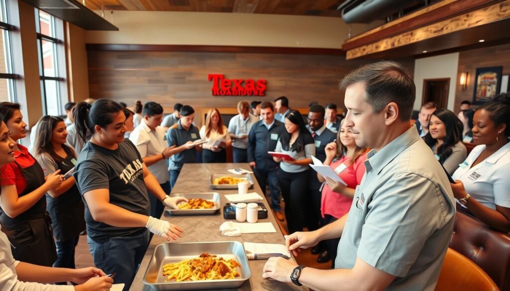 A vibrant, inviting training room at Texas Roadhouse, depicting a diverse group of new hires engaged in a hands-on training session. In the foreground, a friendly trainer, dressed in a Texas Roadhouse shirt, demonstrates proper food handling techniques, surrounded by eager trainees in professional attire. In the middle ground, trainees practice roles like serving and menu knowledge, with clipboards and name tags visible. The background features a warm, rustic decor typical of Texas Roadhouse, with wooden accents and colorful branding. Soft, natural lighting fills the room to enhance the welcoming atmosphere, shot with a wide-angle lens to capture the entire scene, conveying a sense of teamwork and enthusiasm for learning.