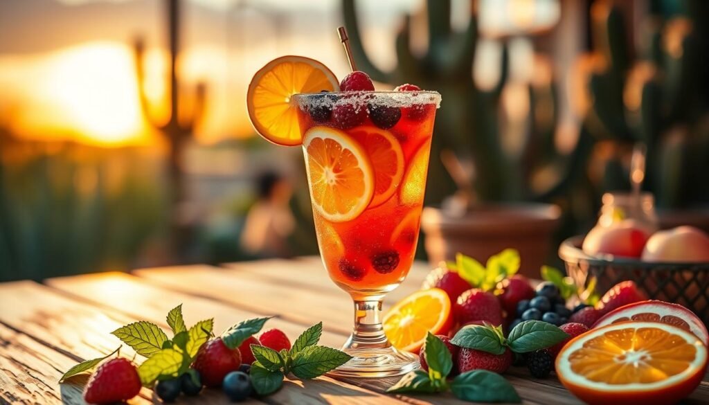 A vibrant, refreshing sangria margarita sits elegantly on a rustic wooden table, garnished with fresh fruit slices of lime, orange, and berries. The glass is adorned with a salted rim, glistening under warm, golden afternoon sunlight that creates soft shadows. In the foreground, a colorful array of ripe fruits and herbs, like mint and basil, surrounds the glass, enhancing the fusion theme. In the background, hints of a lively Texan atmosphere unfold with blurred silhouettes of cacti and a vibrant sunset. The mood is inviting and cheerful, embodying the essence of a summer celebration. The image is captured with a shallow depth of field, focusing sharply on the margarita, and showcasing the textures and colors that reflect the delicious blend of flavors. A vibrant, refreshing sangria margarita sits elegantly on a rustic wooden table, garnished with fresh fruit slices of lime, orange, and berries. The glass is adorned with a salted rim, glistening under warm, golden afternoon sunlight that creates soft shadows. In the foreground, a colorful array of ripe fruits and herbs, like mint and basil, surrounds the glass, enhancing the fusion theme. In the background, hints of a lively Texan atmosphere unfold with blurred silhouettes of cacti and a vibrant sunset. The mood is inviting and cheerful, embodying the essence of a summer celebration. The image is captured with a shallow depth of field, focusing sharply on the margarita, and showcasing the textures and colors that reflect the delicious blend of flavors.