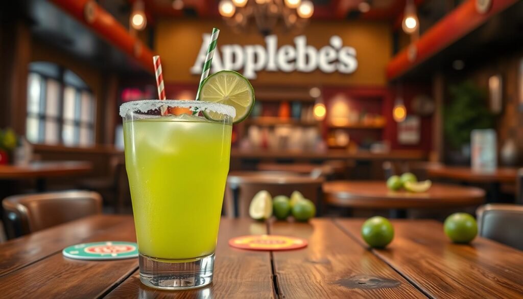 A vibrant scene featuring a beautifully crafted margarita positioned in the foreground, showcasing a salt-rimmed glass filled with a bright green cocktail garnished with a fresh lime wedge and colorful paper straw. In the middle, a rustic wooden table adorned with colorful coasters and a few scattered limes adds character to the setup. The background should have a softly blurred Applebee's restaurant interior, complete with warm lighting that creates an inviting atmosphere. The image is captured from a slightly elevated angle, utilizing soft, natural light to enhance the refreshing look of the drink. Aim for a lively, cheerful mood that emphasizes the promotional aspect of the dollar margarita, appealing to a fun night out without any text or logos. A vibrant scene featuring a beautifully crafted margarita positioned in the foreground, showcasing a salt-rimmed glass filled with a bright green cocktail garnished with a fresh lime wedge and colorful paper straw. In the middle, a rustic wooden table adorned with colorful coasters and a few scattered limes adds character to the setup. The background should have a softly blurred Applebee's restaurant interior, complete with warm lighting that creates an inviting atmosphere. The image is captured from a slightly elevated angle, utilizing soft, natural light to enhance the refreshing look of the drink. Aim for a lively, cheerful mood that emphasizes the promotional aspect of the dollar margarita, appealing to a fun night out without any text or logos.