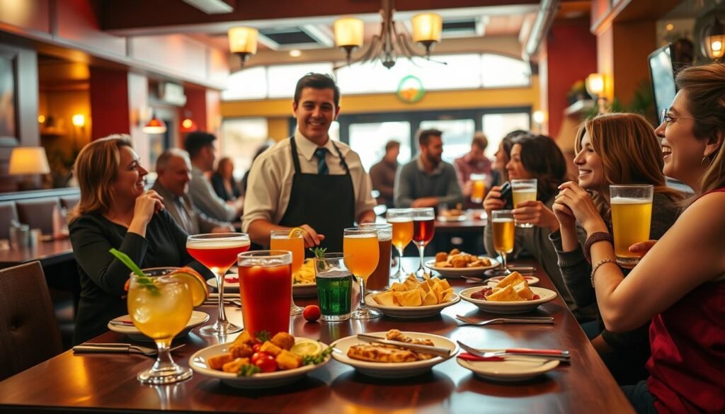 A vibrant scene showcasing a cozy Applebee's restaurant during happy hour. In the foreground, a beautifully set table with a variety of colorful cocktails and appetizers, radiating warmth and inviting ambiance. In the middle ground, a friendly waiter in a professional uniform serves happy customers, dressed casually yet neatly. Patrons, smiling and engaged in lively conversation, are enjoying drinks and sharing stories. The background features the welcoming interior of the restaurant, with warm lighting and cheerful decor reflecting a festive atmosphere. The image should capture the essence of happiness and camaraderie, using soft, natural lighting that enhances the inviting feeling of a neighborhood gathering spot. Aim for a slightly angled perspective to showcase both the table and the bustling environment around it. A vibrant scene showcasing a cozy Applebee's restaurant during happy hour. In the foreground, a beautifully set table with a variety of colorful cocktails and appetizers, radiating warmth and inviting ambiance. In the middle ground, a friendly waiter in a professional uniform serves happy customers, dressed casually yet neatly. Patrons, smiling and engaged in lively conversation, are enjoying drinks and sharing stories. The background features the welcoming interior of the restaurant, with warm lighting and cheerful decor reflecting a festive atmosphere. The image should capture the essence of happiness and camaraderie, using soft, natural lighting that enhances the inviting feeling of a neighborhood gathering spot. Aim for a slightly angled perspective to showcase both the table and the bustling environment around it.