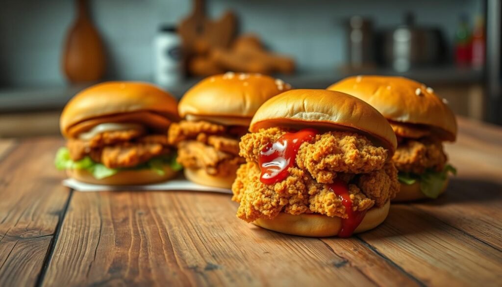 A vibrant spread of chicken sandwiches positioned on a rustic wooden table, showcasing a Popeyes Spicy Chicken Sandwich prominently in the foreground, with its crispy golden exterior and spicy sauce glistening under soft, warm lighting. Beside it, two other popular chicken sandwiches from different fast-food chains, each distinct in presentation—one with a classic buttermilk breading and another featuring grilled chicken—arranged neatly and slightly overlapping to emphasize the comparison. The background softly blurs into an inviting kitchen environment, hinting at a homey and casual dining atmosphere. The scene is captured from a slight overhead angle, enhancing the visual appeal and showcasing the textures of the sandwiches. The overall mood is one of indulgence and exploration, inviting viewers to consider their options. A vibrant spread of chicken sandwiches positioned on a rustic wooden table, showcasing a Popeyes Spicy Chicken Sandwich prominently in the foreground, with its crispy golden exterior and spicy sauce glistening under soft, warm lighting. Beside it, two other popular chicken sandwiches from different fast-food chains, each distinct in presentation—one with a classic buttermilk breading and another featuring grilled chicken—arranged neatly and slightly overlapping to emphasize the comparison. The background softly blurs into an inviting kitchen environment, hinting at a homey and casual dining atmosphere. The scene is captured from a slight overhead angle, enhancing the visual appeal and showcasing the textures of the sandwiches. The overall mood is one of indulgence and exploration, inviting viewers to consider their options.