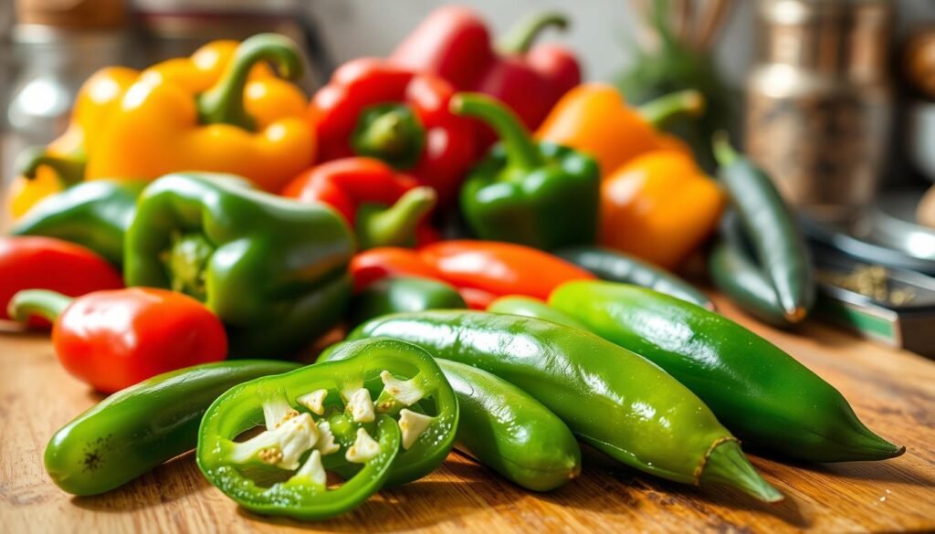 A vibrant still life of assorted fresh peppers, including jalapeños, bell peppers in red and yellow, and serranos, arranged artfully on a rustic wooden cutting board. In the foreground, a few sliced jalapeños display their seeds and bright green flesh, conveying their spiciness. The middle ground features the whole peppers of various colors, glistening with a touch of moisture, highlighting their freshness. The background is softly blurred with a warm kitchen ambiance, featuring hints of spices and herbs to evoke a cozy cooking environment. Bright, natural lighting enhances the colors, casting soft shadows to give dimension to the scene. This composition creates a lively and inviting atmosphere that emphasizes the essence of these essential cooking ingredients.