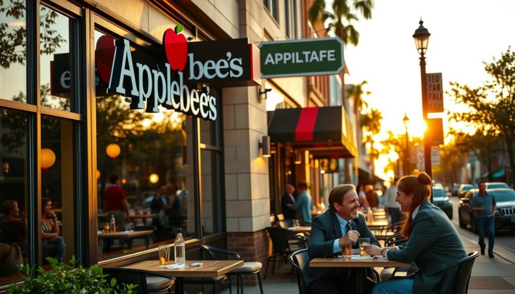 A vibrant street scene featuring a bustling Applebee's restaurant, showcasing the exterior with large windows and a welcoming entrance. In the foreground, a well-dressed couple enjoys their meal on a cozy patio, smiling and laughing, illustrating the friendly dining atmosphere. The middle section features the Applebee's sign prominently, with a few additional diners entering the restaurant. The background is a lively neighborhood with trees and nearby shops, suggesting a pleasant evening. Use warm, inviting lighting as the sun sets, casting a golden glow, and opt for a slightly angled view to create depth. The mood is cheerful and inviting, capturing the essence of local dining experiences.