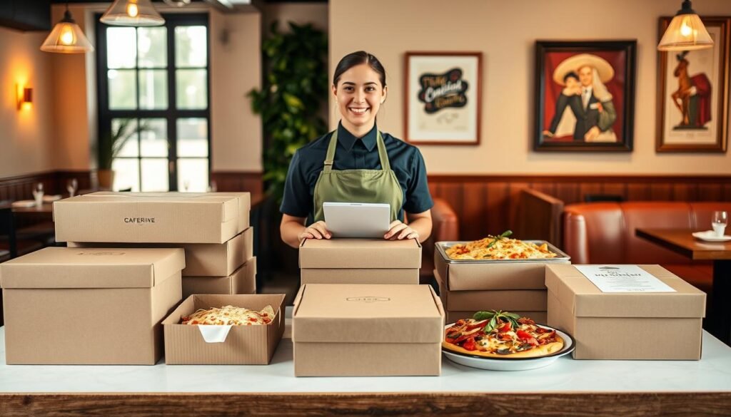 A visually appealing arrangement of various delivery options for an Italian restaurant, featuring a neatly organized table in the foreground displaying takeaway boxes, catering platters, and elegant menus. In the middle, a friendly staff member in a smart uniform, possibly an olive green apron, smiles as they prepare the orders, showcasing a welcoming atmosphere. The background reveals an inviting dining space with warm lighting, comfortable booths, and decorative Italian-themed wall art, contributing to the cozy ambiance. Soft, natural light from nearby windows enhances the scene, capturing a sense of warmth and hospitality that embodies the essence of dining in a beloved local Italian restaurant. The composition emphasizes professionalism and friendly service without any text or distractions.