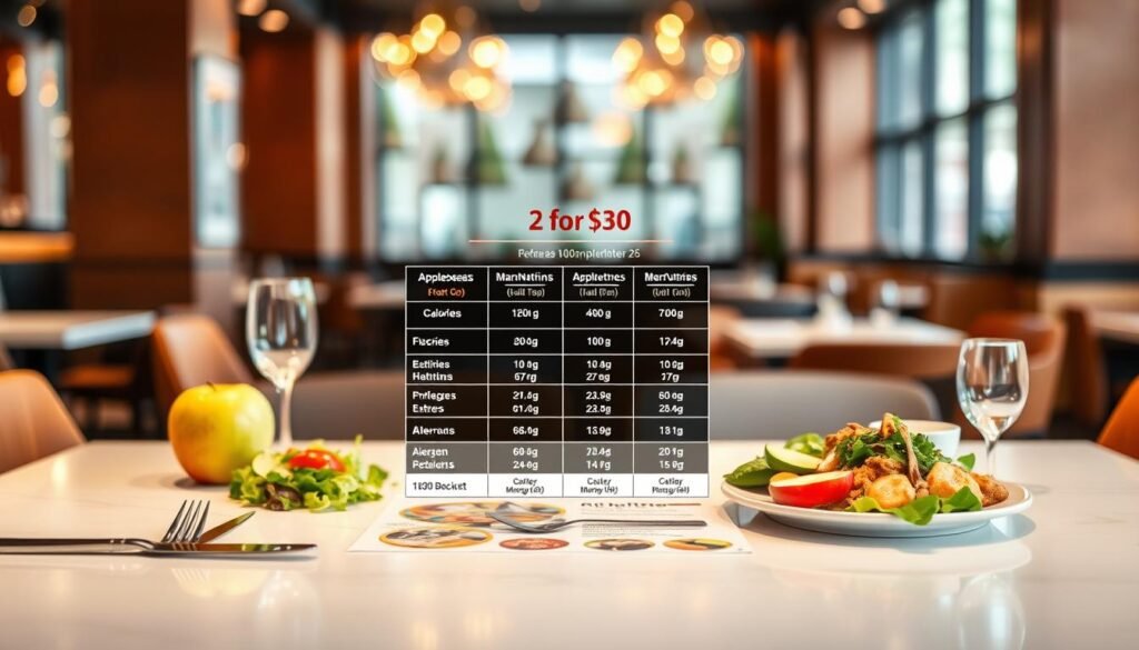 A visually appealing nutritional information layout centered on a sleek, modern table. In the foreground, a well-organized chart displaying calorie counts, macronutrients, and allergen highlights of Applebee's 2 for $30 menu items, with a focus on vibrant, fresh images of the dishes, such as salads and entrees. The middle ground features elegant utensils and fresh ingredients, like apples and greens, to emphasize the health aspect. In the background, a softly blurred restaurant interior, with warm lighting creating a welcoming ambiance. The overall mood is informative yet inviting, designed to engage readers who are health-conscious and curious about their dining choices. Capture the details and warmth of a dining experience without any textual distractions.