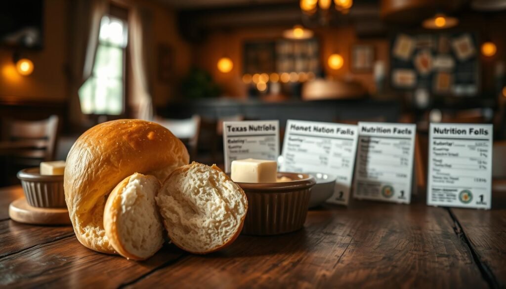 A visually appealing nutritional profile of Texas Roadhouse rolls, displayed on a rustic wooden table. In the foreground, a freshly baked roll, golden brown and buttery, is sliced open to reveal its soft, fluffy interior. Beside it, small bowls contain key nutritional elements like butter, honey, and nutritional information cards, featuring calorie count, carbs, protein, and fat breakdown, artistically arranged. In the middle ground, a soft-focus background of a cozy restaurant setting, with warm, ambient lighting creating an inviting atmosphere. The angle is a close-up shot, emphasizing texture and detail, with natural light pouring in from a nearby window, casting gentle shadows. The overall mood should be warm and inviting, ideal for a food-oriented article.