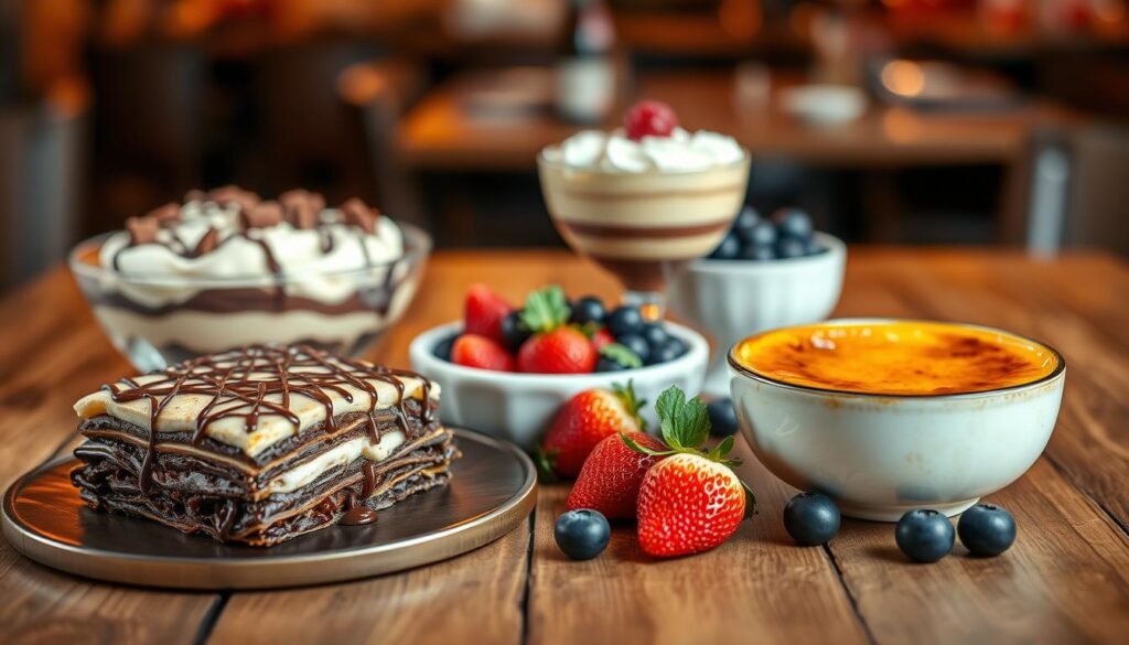 A visually captivating arrangement of various Olive Garden desserts displayed elegantly on a rustic wooden table. In the foreground, a rich, chocolate lasagna layered with creamy mascarpone and topped with a drizzle of chocolate sauce. Beside it, a creamy tiramisu with cocoa powder dusting, and a charming bowl of rich crème brûlée with a perfectly caramelized top. The middle ground features a subtle contrast of fresh strawberries and blueberries, enhancing the dessert palette. The background is softly blurred, suggesting a cozy Olive Garden dining environment, emphasizing warm, ambient lighting that creates an inviting atmosphere. Capture this scene with a slight overhead angle to highlight the layers of dessert, ensuring a warm, indulgent vibe free from text or distractions. A visually captivating arrangement of various Olive Garden desserts displayed elegantly on a rustic wooden table. In the foreground, a rich, chocolate lasagna layered with creamy mascarpone and topped with a drizzle of chocolate sauce. Beside it, a creamy tiramisu with cocoa powder dusting, and a charming bowl of rich crème brûlée with a perfectly caramelized top. The middle ground features a subtle contrast of fresh strawberries and blueberries, enhancing the dessert palette. The background is softly blurred, suggesting a cozy Olive Garden dining environment, emphasizing warm, ambient lighting that creates an inviting atmosphere. Capture this scene with a slight overhead angle to highlight the layers of dessert, ensuring a warm, indulgent vibe free from text or distractions.