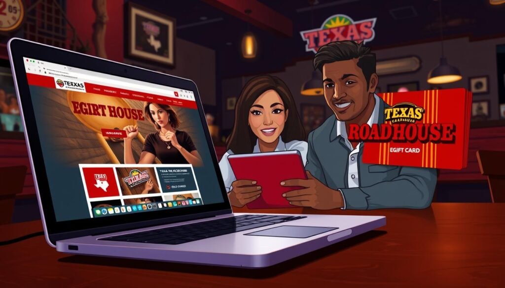 A visually engaging digital illustration showcasing the process of purchasing a Texas Roadhouse eGift card online. In the foreground, a laptop is open displaying the Texas Roadhouse website, featuring bright colors and a user-friendly interface. To the side, an inviting image of a Texas Roadhouse eGift card in vibrant reds and golds, symbolizing the restaurant's brand. In the middle ground, a person of diverse ethnicity, dressed in professional casual attire, is intently engaged with the laptop, expressing a mood of excitement and anticipation. The background features a warm, cozy restaurant ambiance with rustic decor, dim lighting that gives a welcoming feel, and subtle hints of Texas Roadhouse memorabilia. The angle is slightly elevated, focusing on the laptop screen while keeping the environment inviting and friendly.