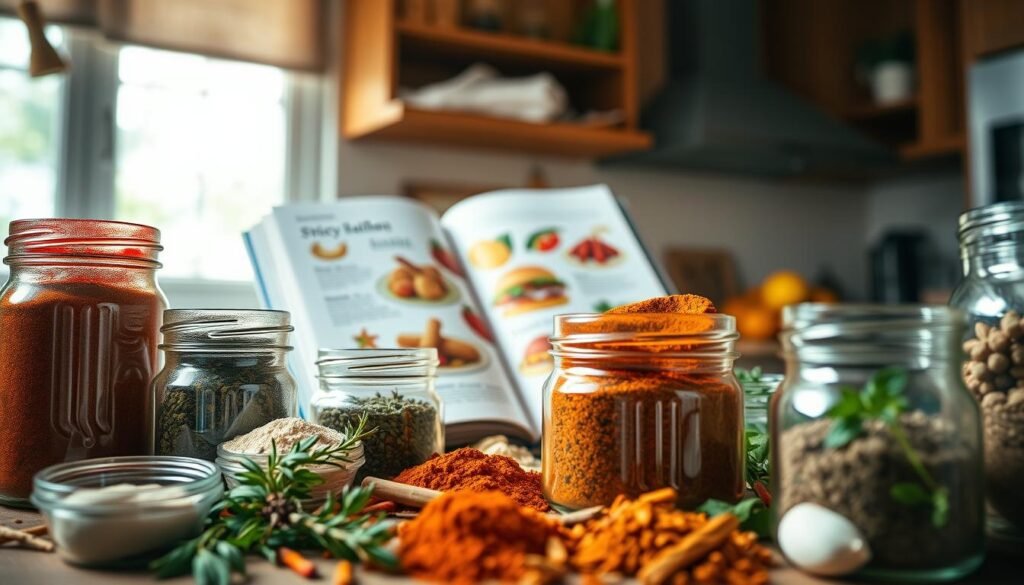 A visually striking close-up image showcasing an assortment of chicken additives and ingredients for a spicy chicken sandwich. In the foreground, display jars filled with various spices like cayenne pepper, paprika, and garlic powder, artistically arranged with herbs such as thyme and oregano. In the middle ground, depict a partially open recipe book featuring colorful illustrations of spicy chicken dishes, adding depth to the composition. The background features a kitchen setting with soft, natural lighting streaming through a window, illuminating the scene and casting gentle shadows. The atmosphere should evoke a sense of culinary exploration and curiosity, with a warm color palette that emphasizes the rich tones of the spices and the inviting environment.