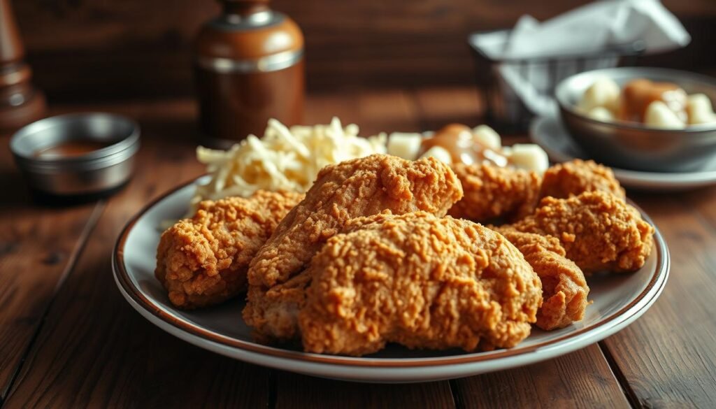 A visually striking close-up of a plate featuring crispy fried chicken pieces, arranged neatly to showcase their golden-brown texture and crispy skin. Include a side of creamy coleslaw and fluffy mashed potatoes with gravy, adding color and contrast to the plate. The background features a rustic wooden table that enhances the comfort food vibe, with soft, warm lighting creating an inviting atmosphere. Use a shallow depth of field to focus on the chicken while softly blurring the background. The scene should evoke a sense of indulgence and the comfort of a hearty meal, perfect for illustrating the nutritional impact of fried chicken pieces.
